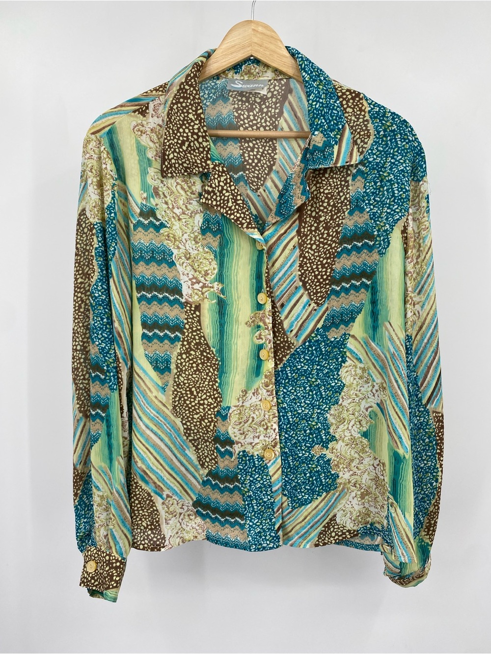 y2K‎ Swann Women's  Vintage Retro Patterned Sheer Abstract Button Up Blouse 14